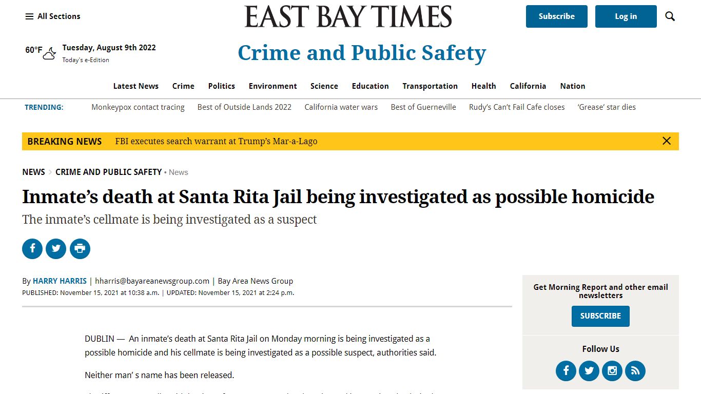 Santa Rita inmate death investigated as possible homicide.